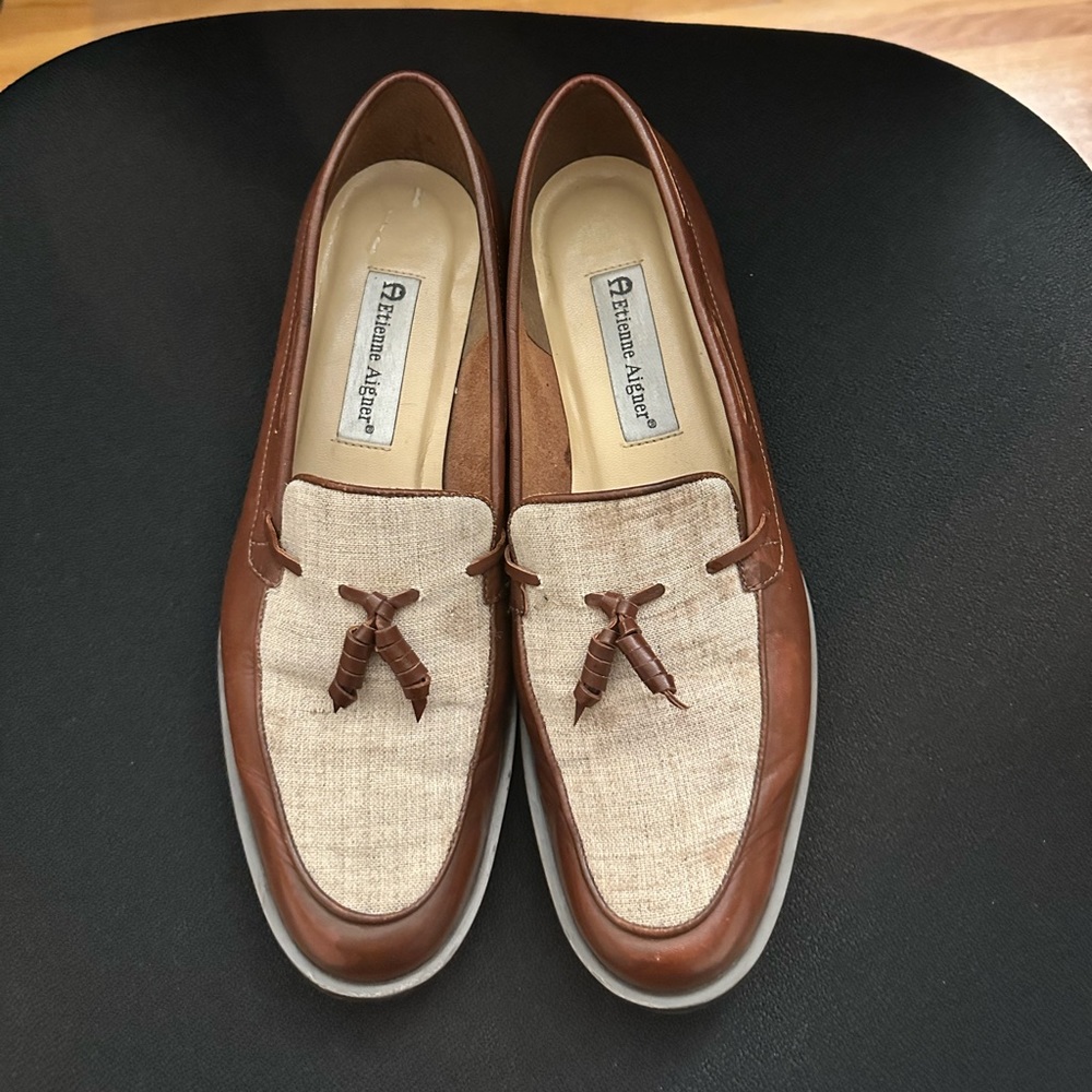 Rare Etienne Aigner women’s leather and linen canvas tassel loafers size 9